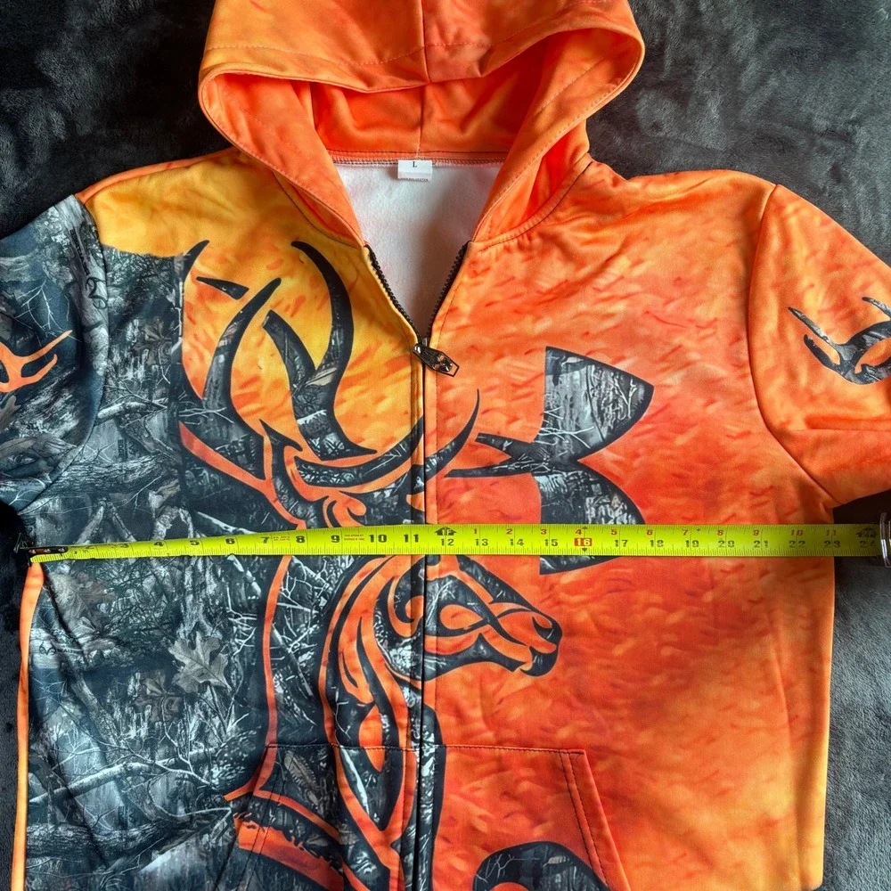 Mens Blaze Orange Camo Deer Hunting‎ Full Zip Hoodie Large